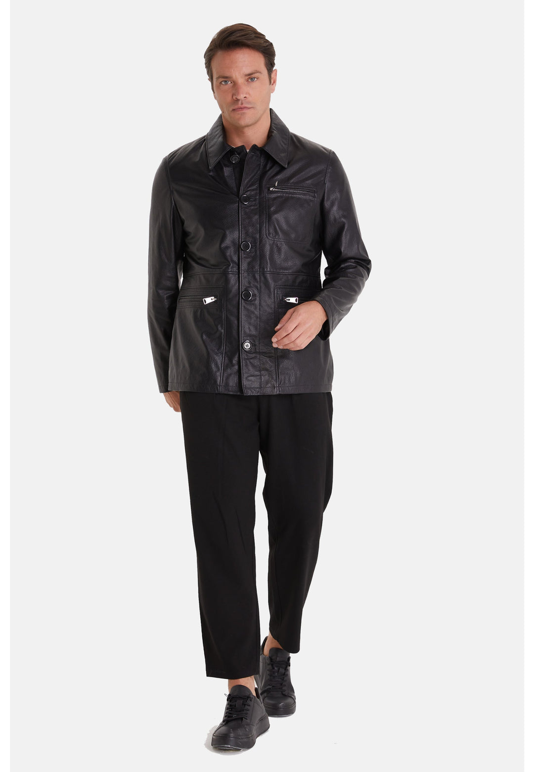 Man wearing black leather jacket