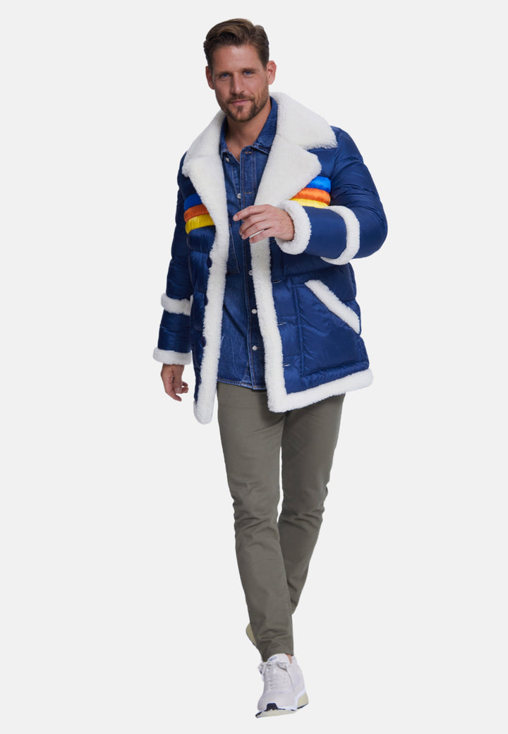 Man wearing blue shearling puffer coat