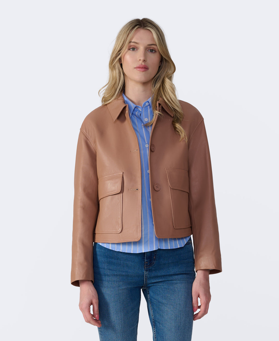 Woman wearing brown leather jacket