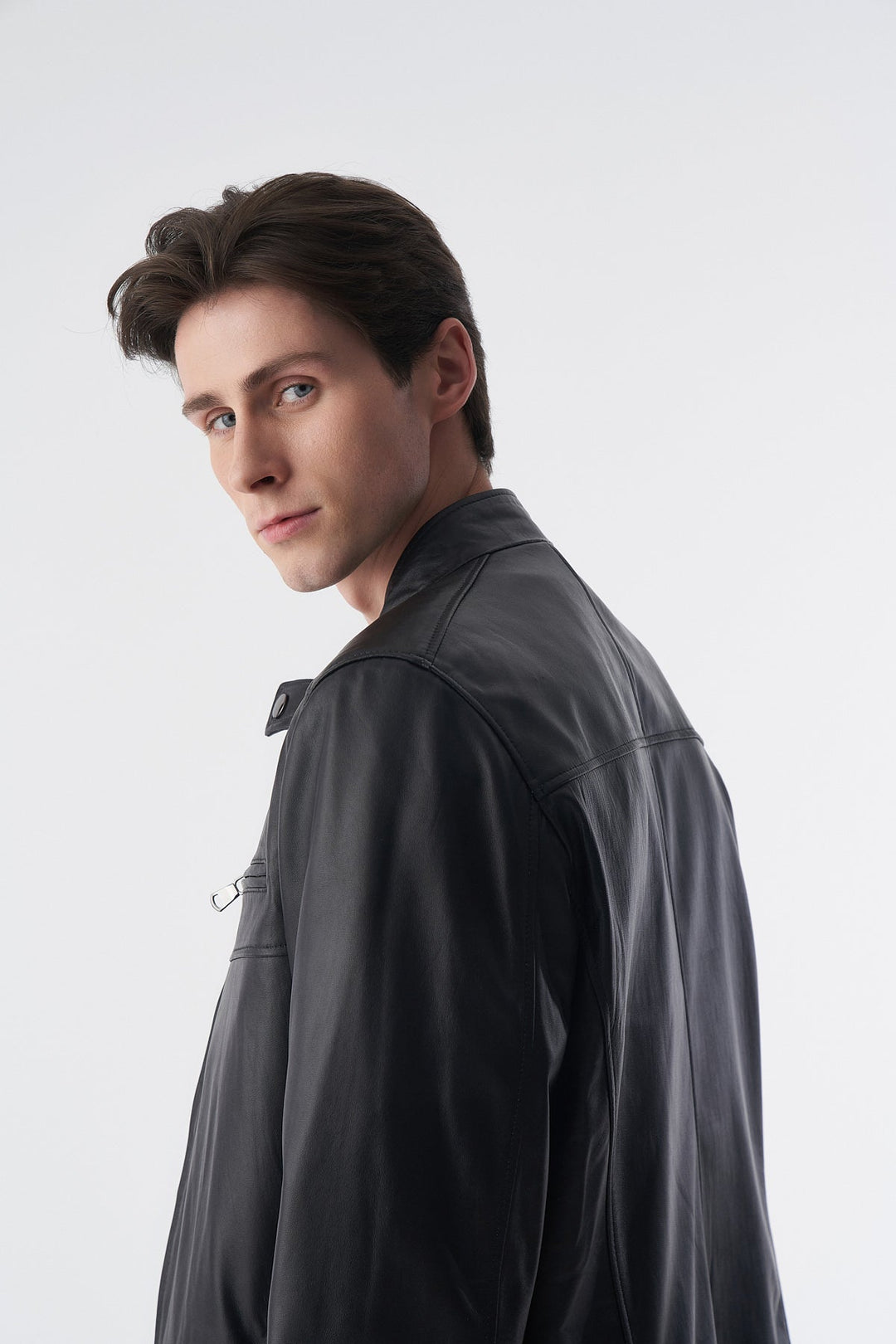 Male model in black leather jacket