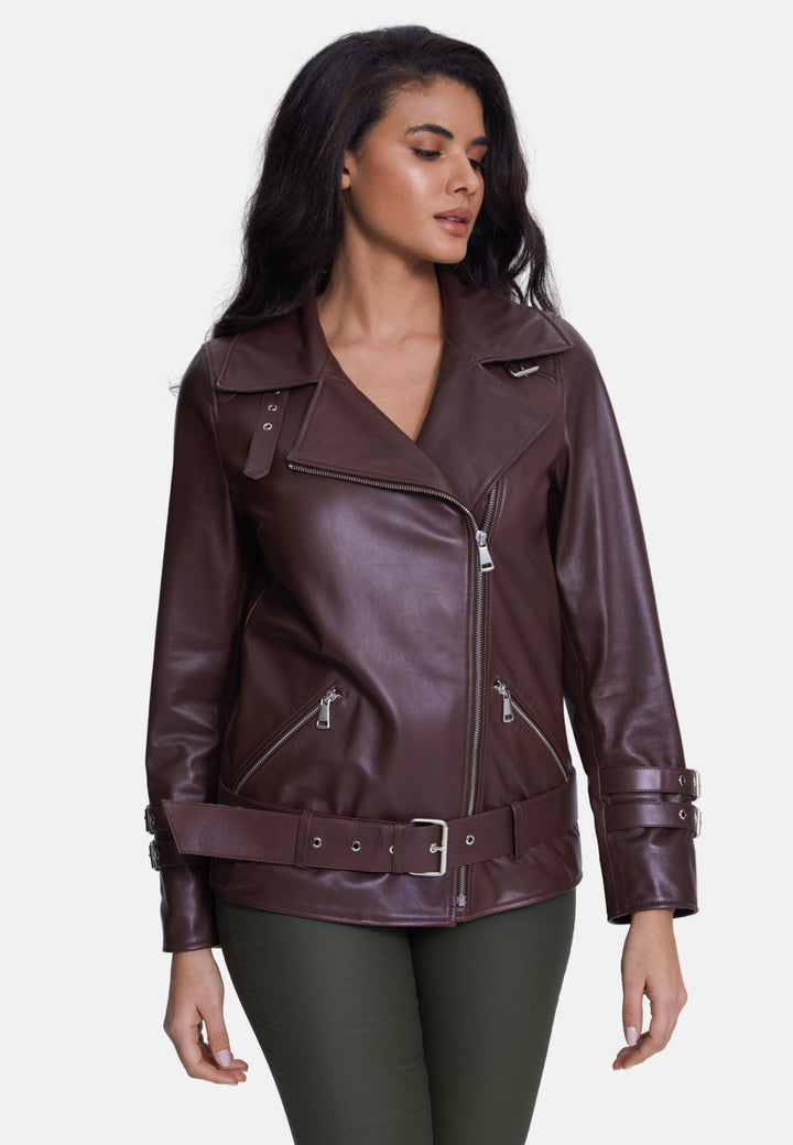 Brown women's leather biker jacket