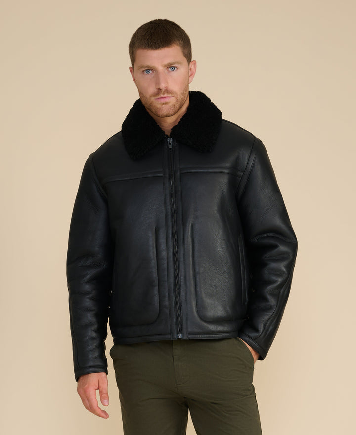 Man wearing black shearling jacket