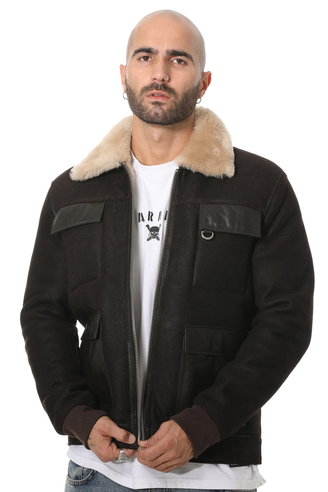 Man wearing brown sheepskin jacket