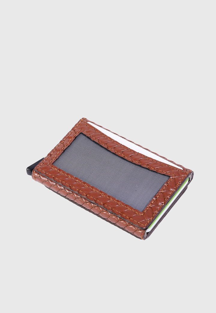 Tan woven leather card holder