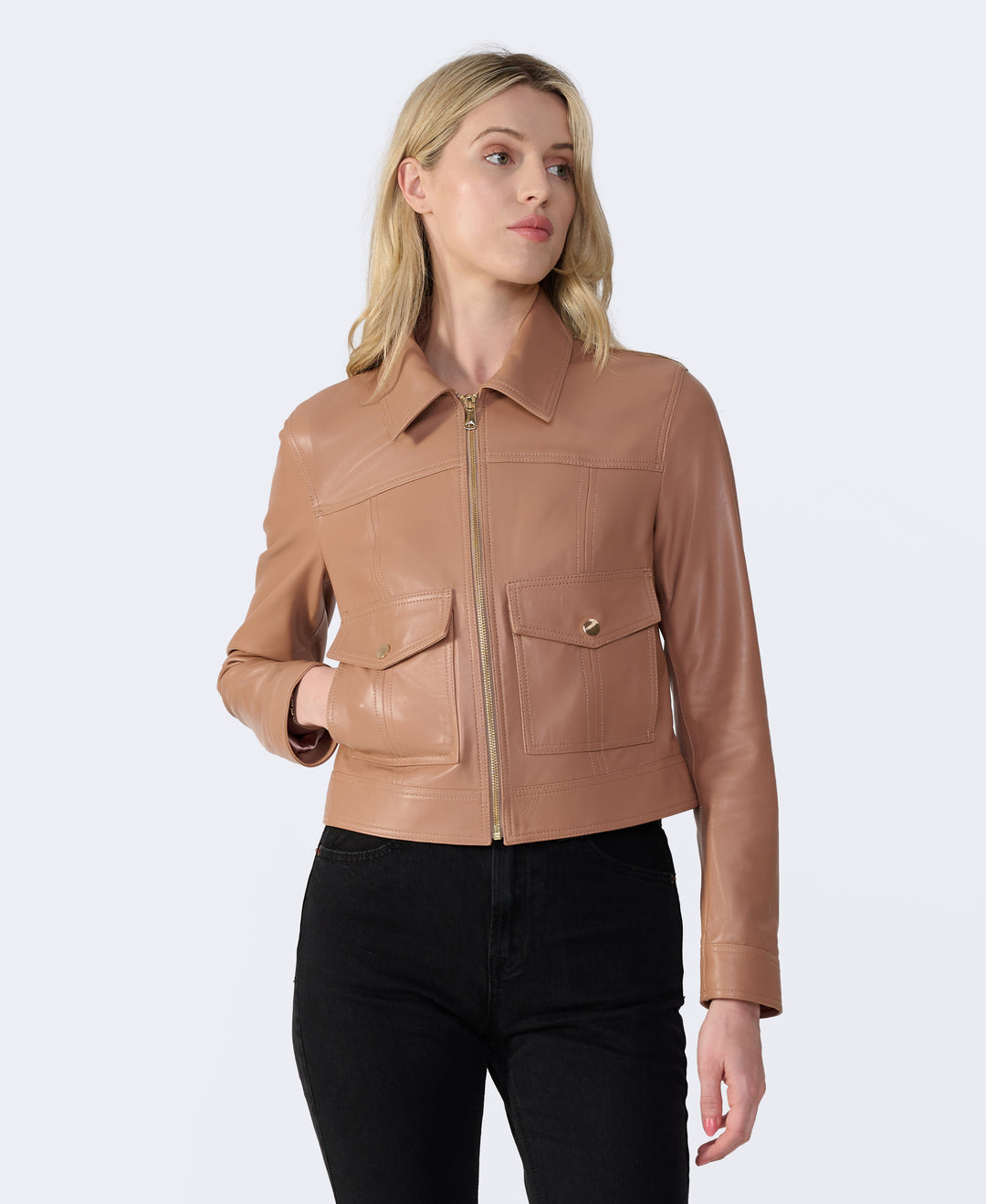 Tan leather cropped jacket on model