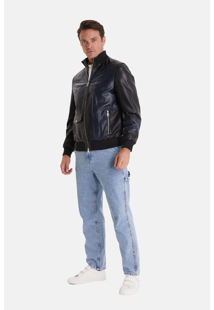 Man wearing black leather jacket