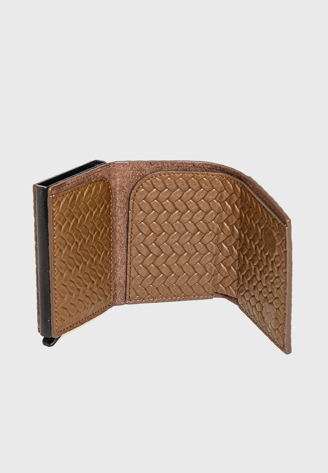Brown woven leather trifold card holder