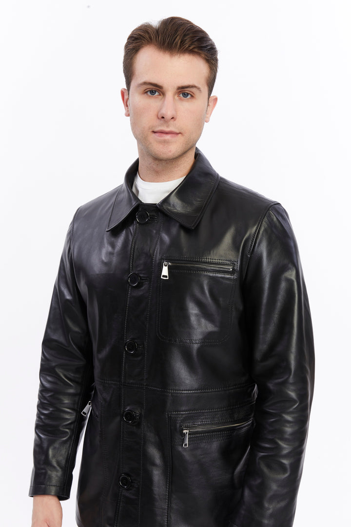 Man wearing black leather jacket