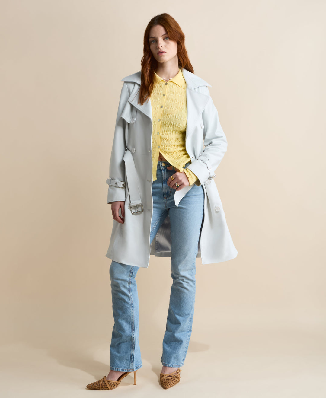 Light grey leather trench coat with belt