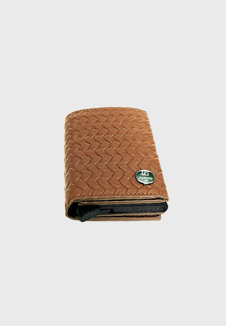 Tan woven leather trifold card holder