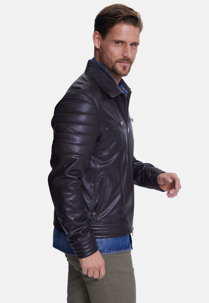 Man wearing black leather jacket
