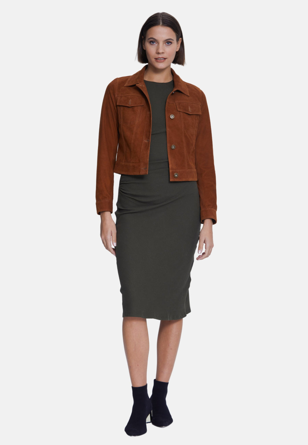 Brown suede cropped jacket on model