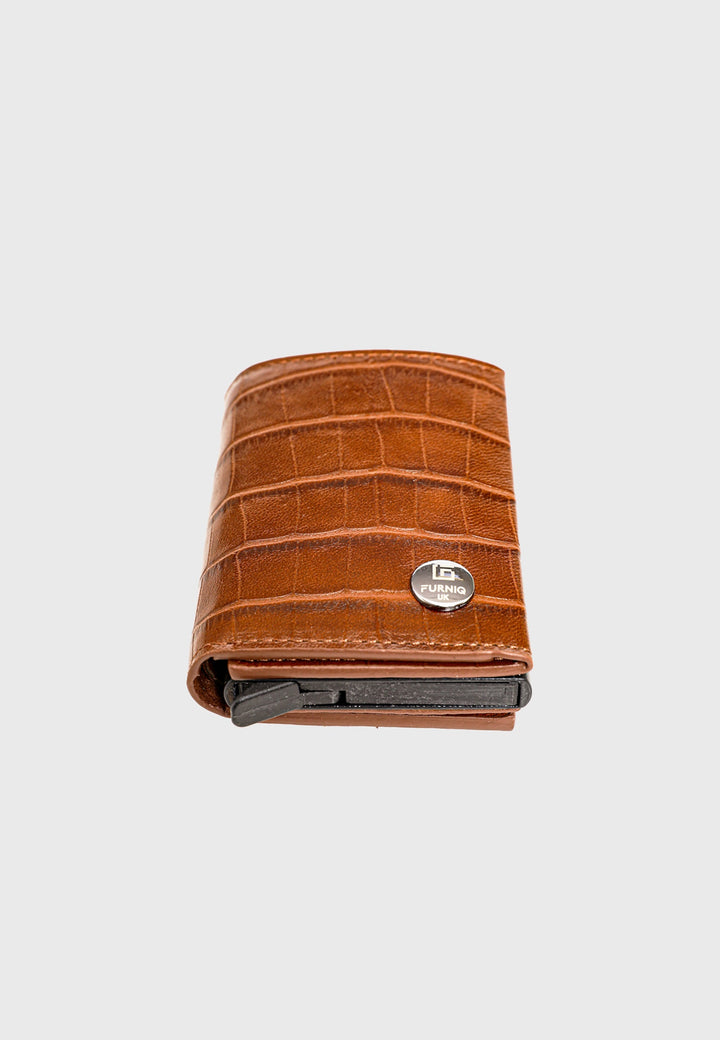 Tan crocodile-pattern trifold card holder