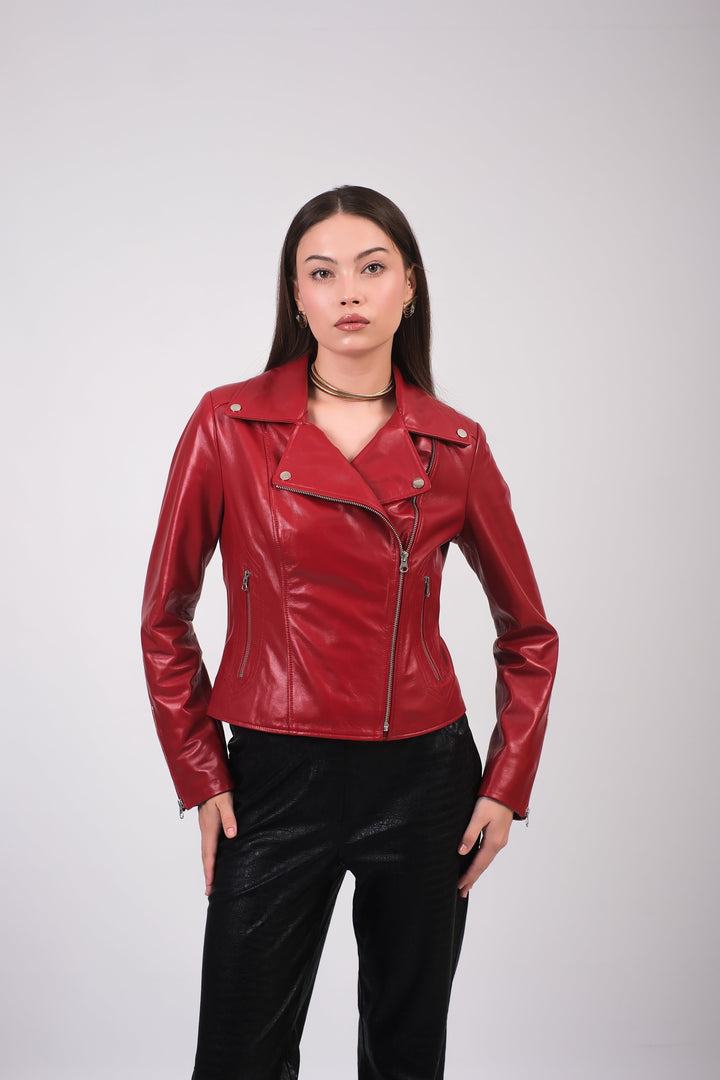 Woman wearing red leather biker jacket