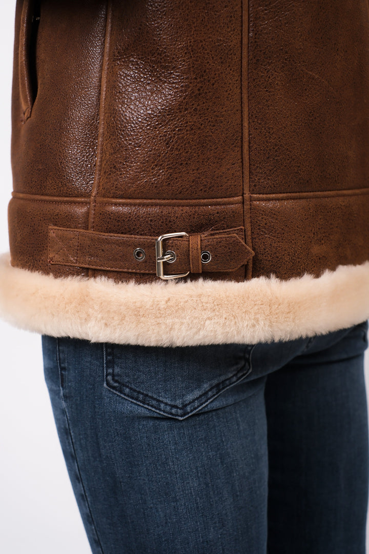 Brown shearling aviator jacket hem detail