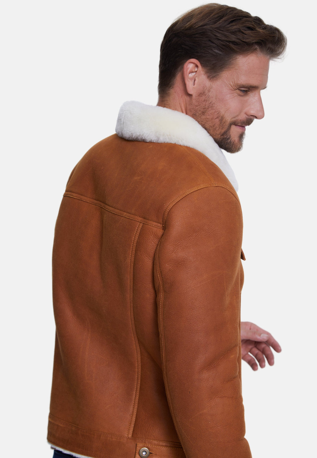 Brown sheepskin jacket with white collar