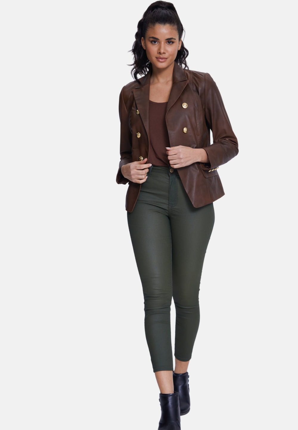 Woman wearing brown leather blazer