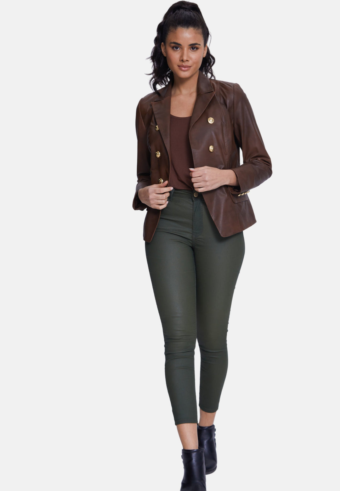 Woman wearing brown leather blazer
