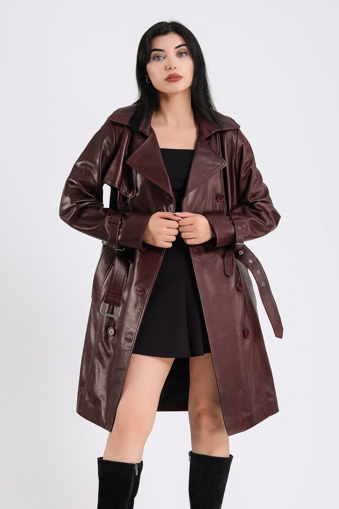 Burgundy leather trench coat on model