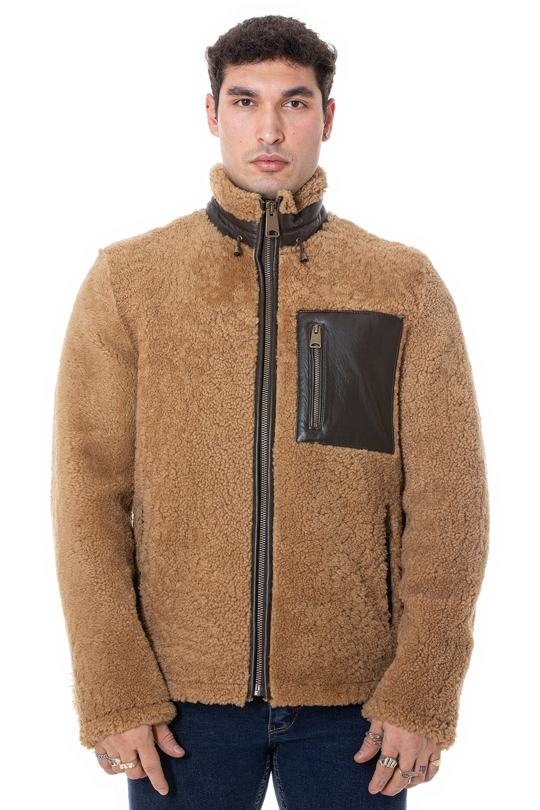 Tan sheepskin teddy coat on model