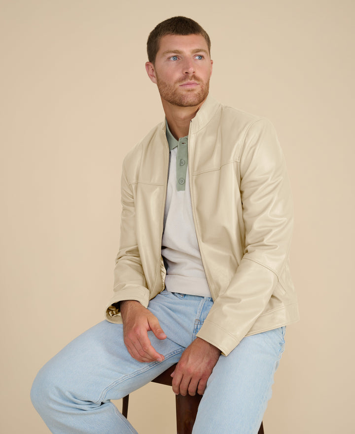 Men’s beige racer leather jacket