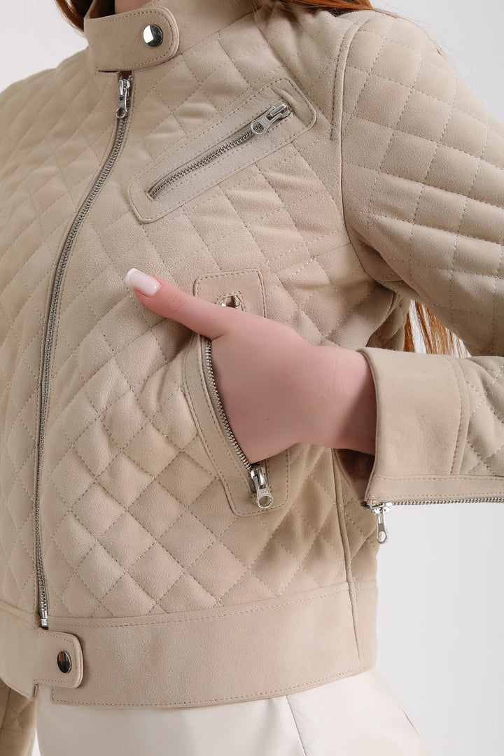 Beige quilted suede biker jacket
