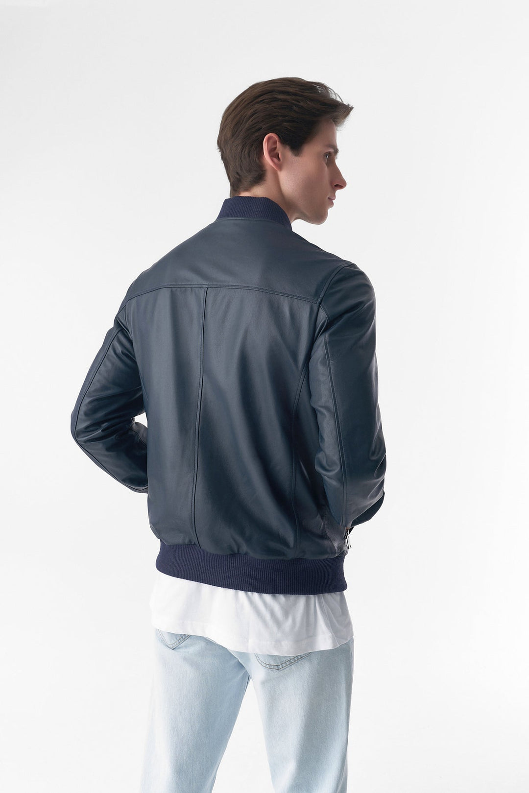 Blue leather bomber jacket - back view