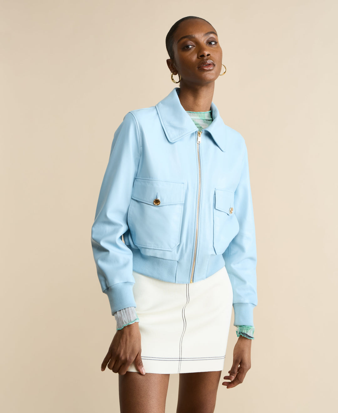 Light blue leather bomber jacket