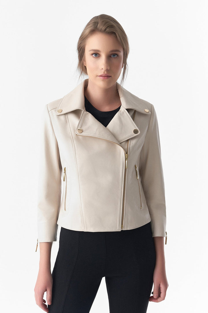 Beige leather biker jacket on model