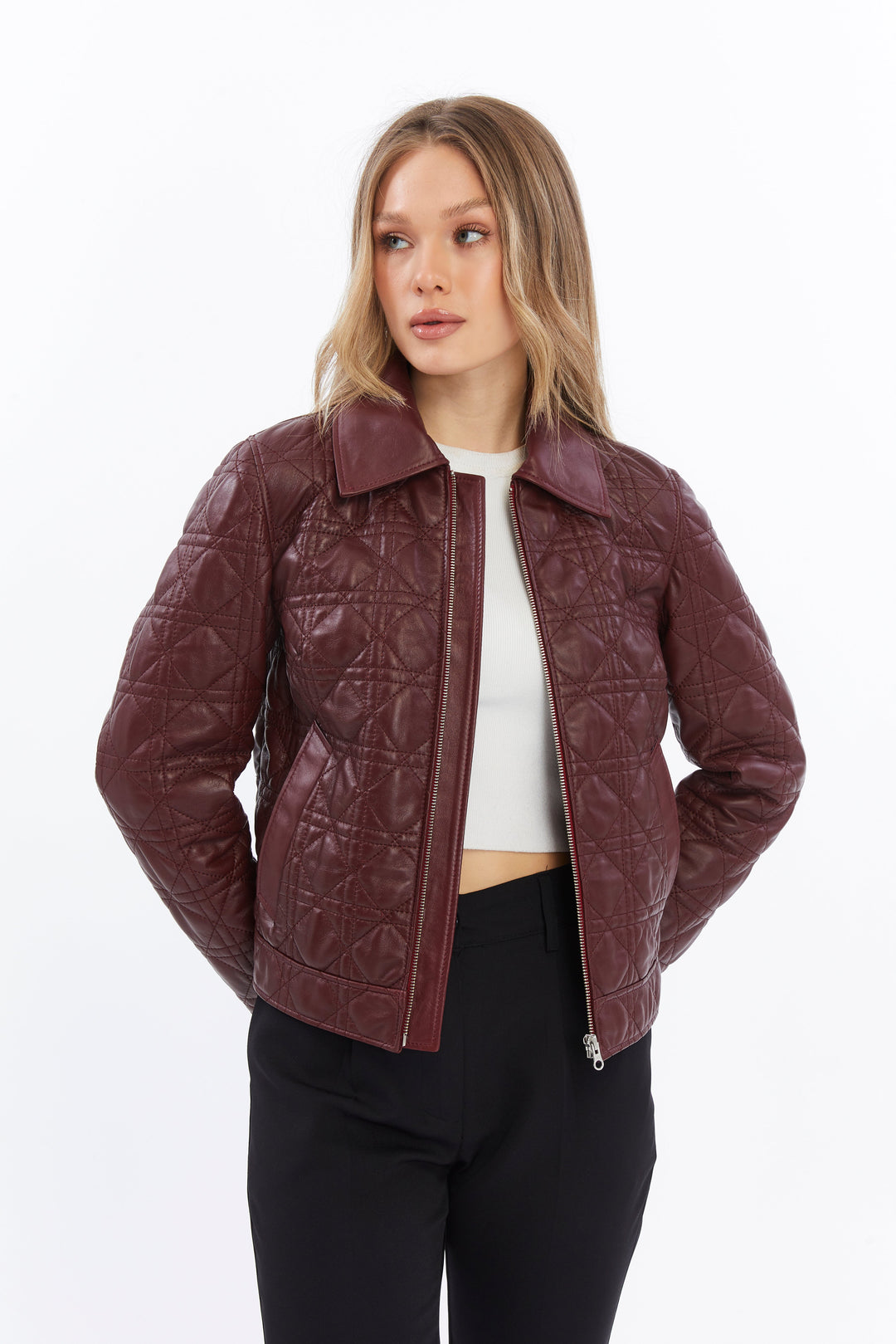 Burgundy quilted leather jacket on model