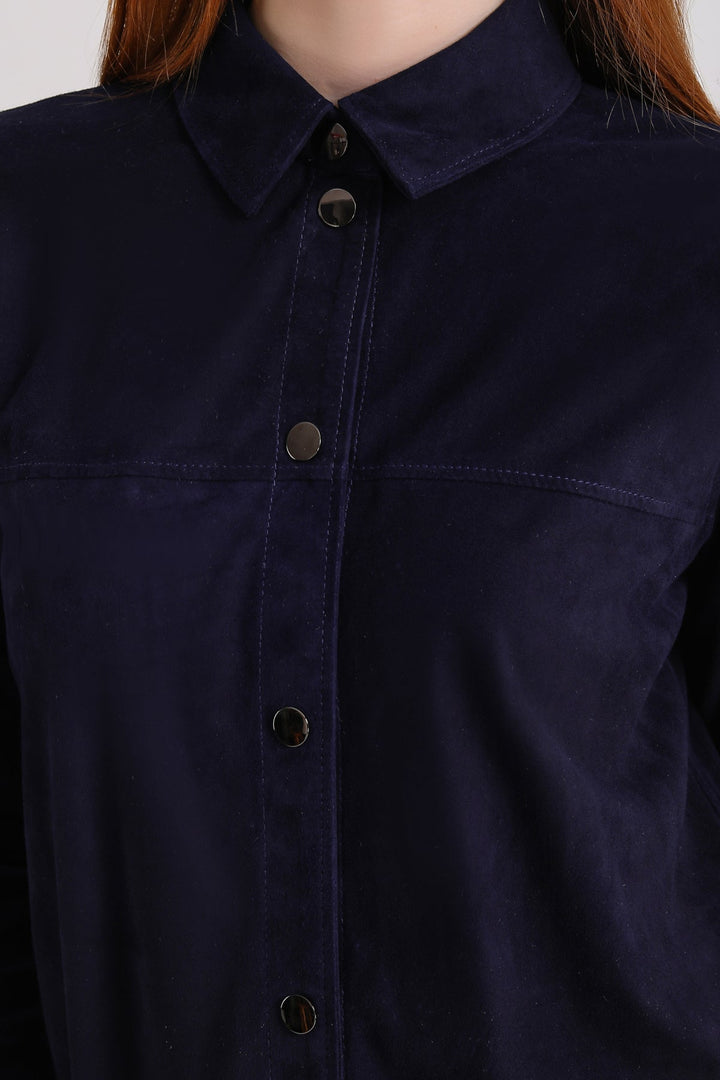 Navy suede button-front shirt