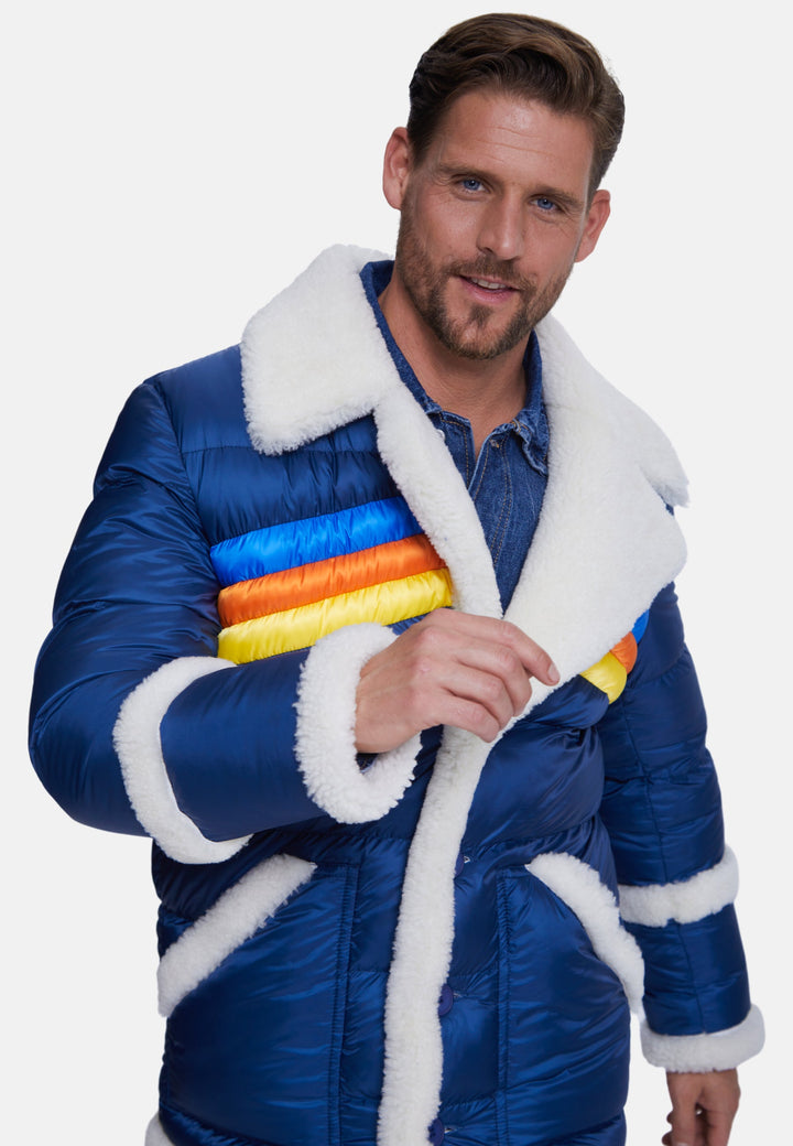 Man wearing blue shearling puffer coat