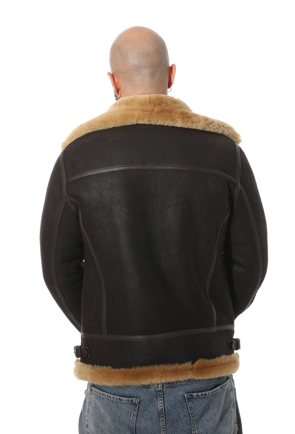 Back view sheepskin jacket on model