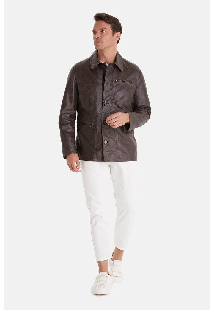 Man wearing brown leather jacket