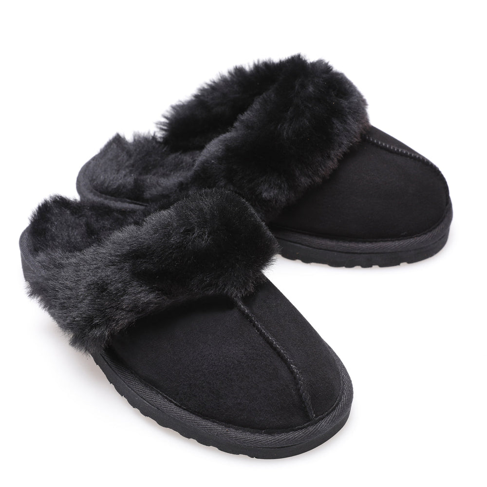 Black suede sheepskin slip-on slippers
