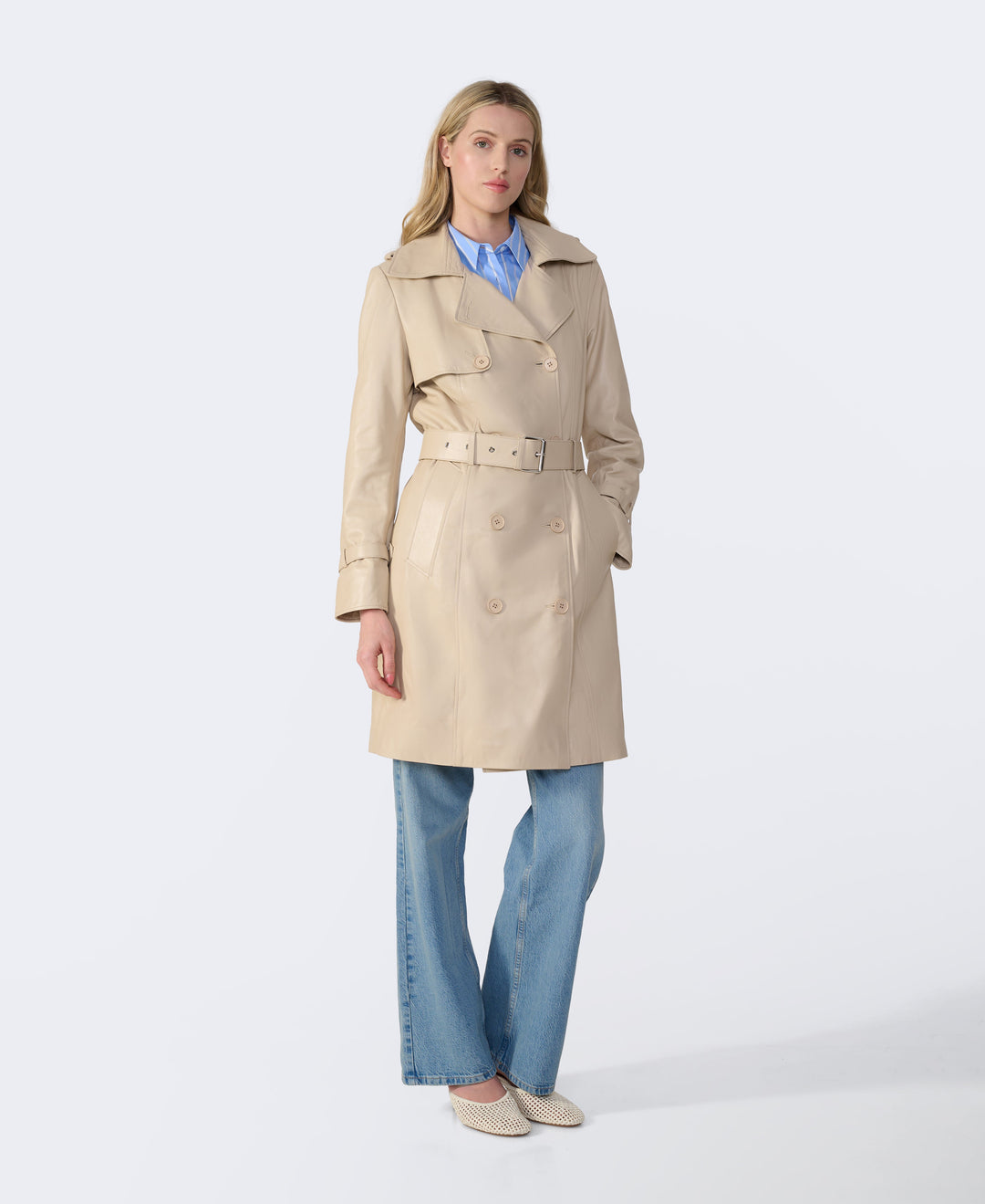 Beige leather trench coat on model