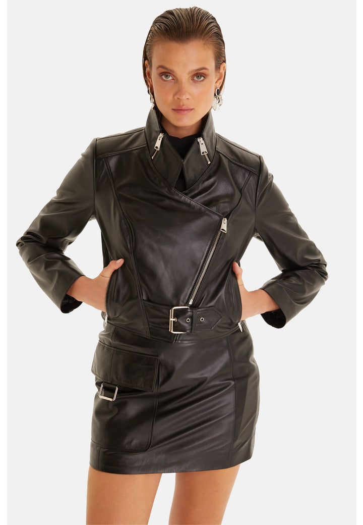 Female model in black leather jacket