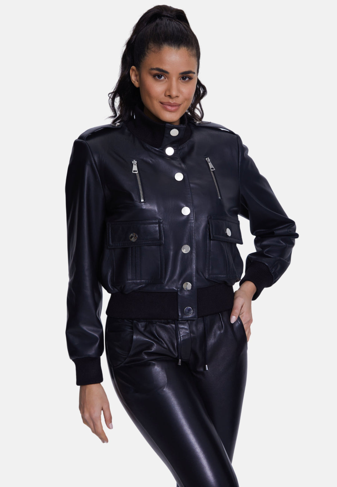 Black leather bomber jacket on model