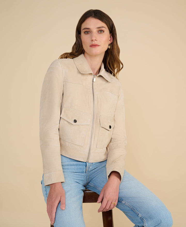 Beige suede zip jacket on model