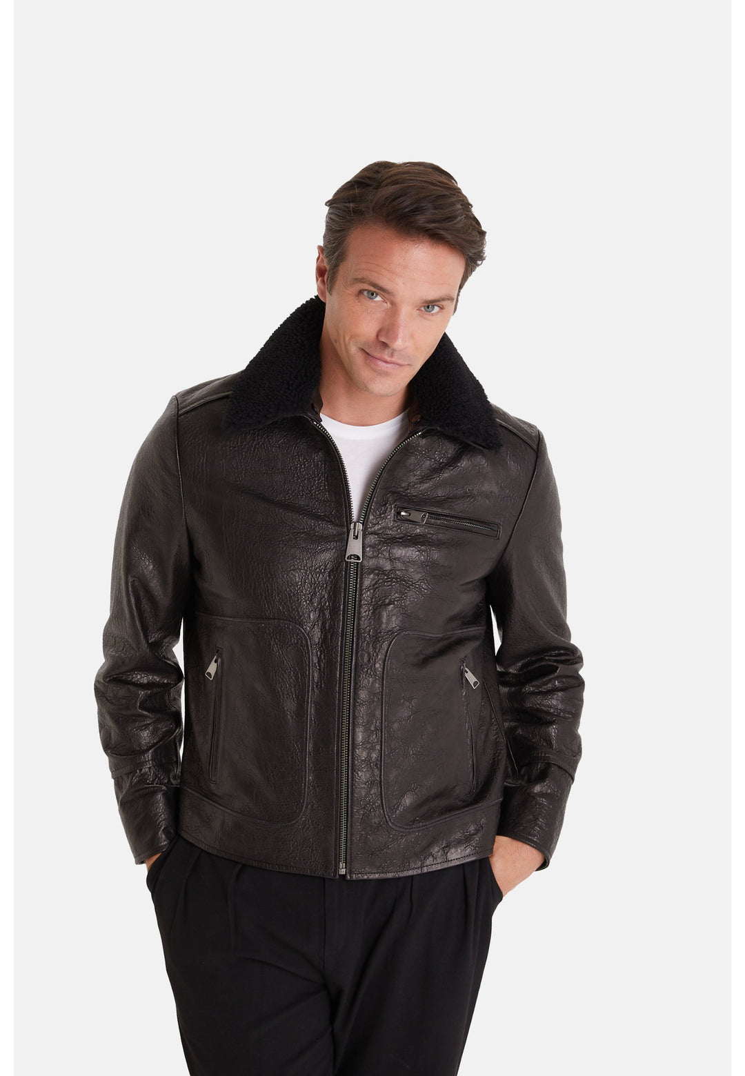 Male model wearing black leather jacket