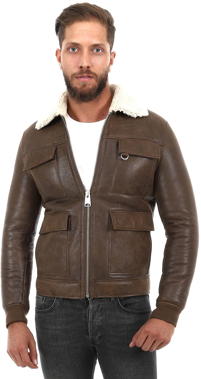 Brown sheepskin jacket with shearling collar