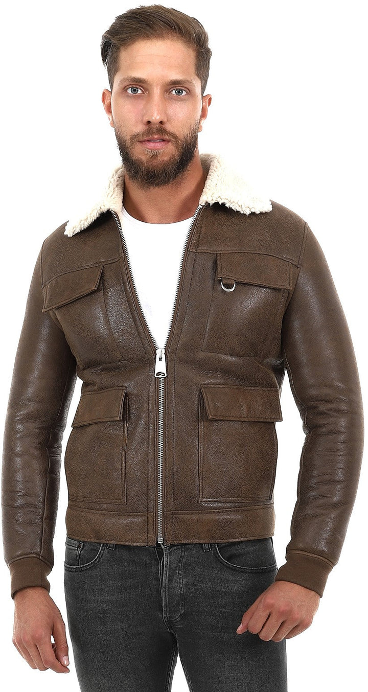 Brown sheepskin jacket with shearling collar