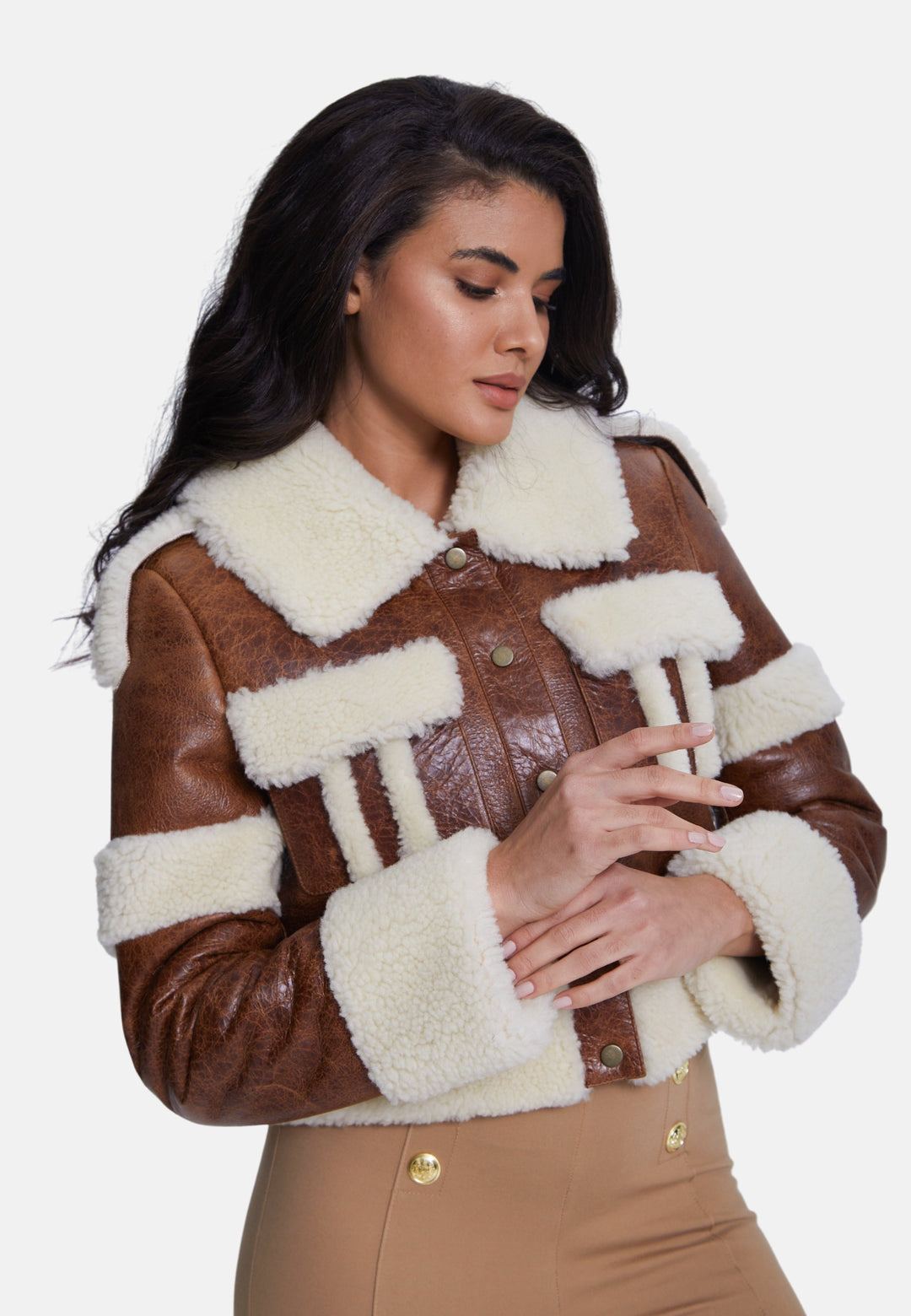 Brown sheepskin cropped jacket with cream trim