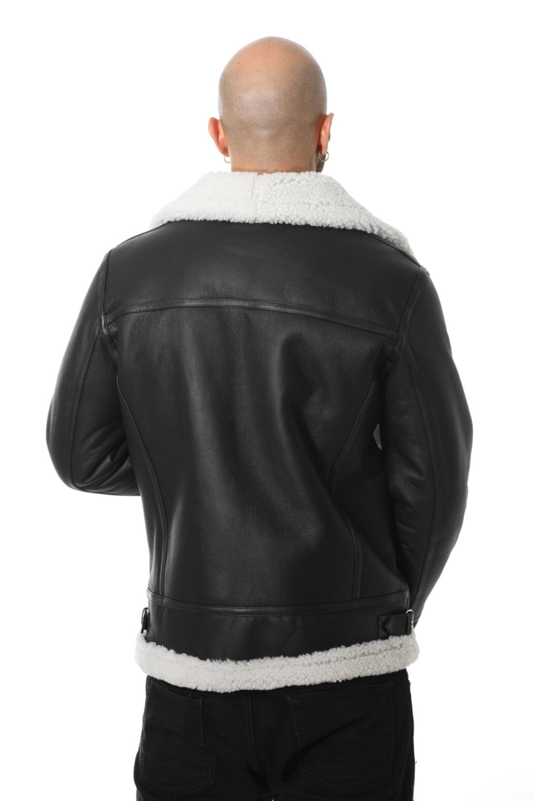 Back view black shearling aviator jacket