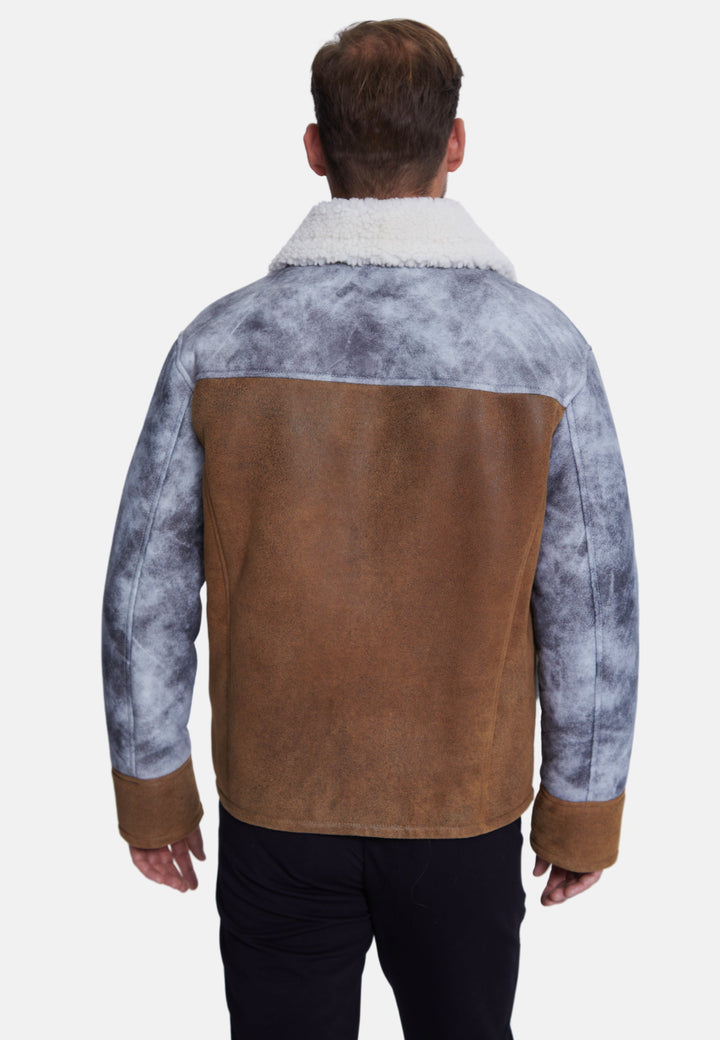 Back view brown and gray shearling jacket