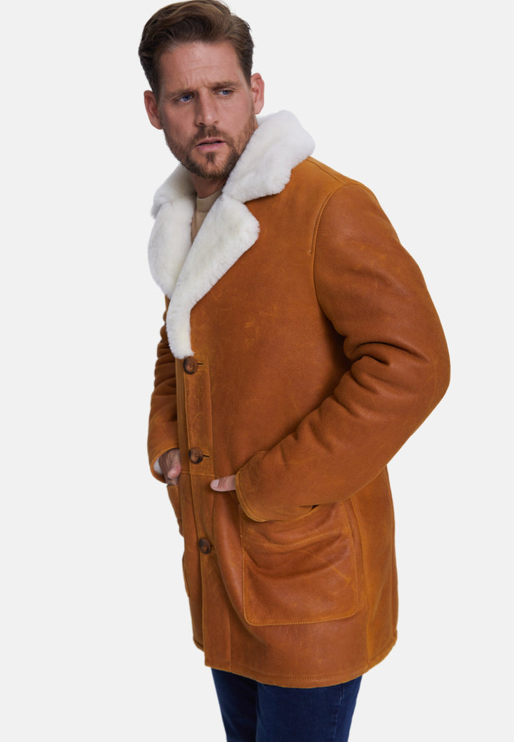 Brown sheepskin coat on male model