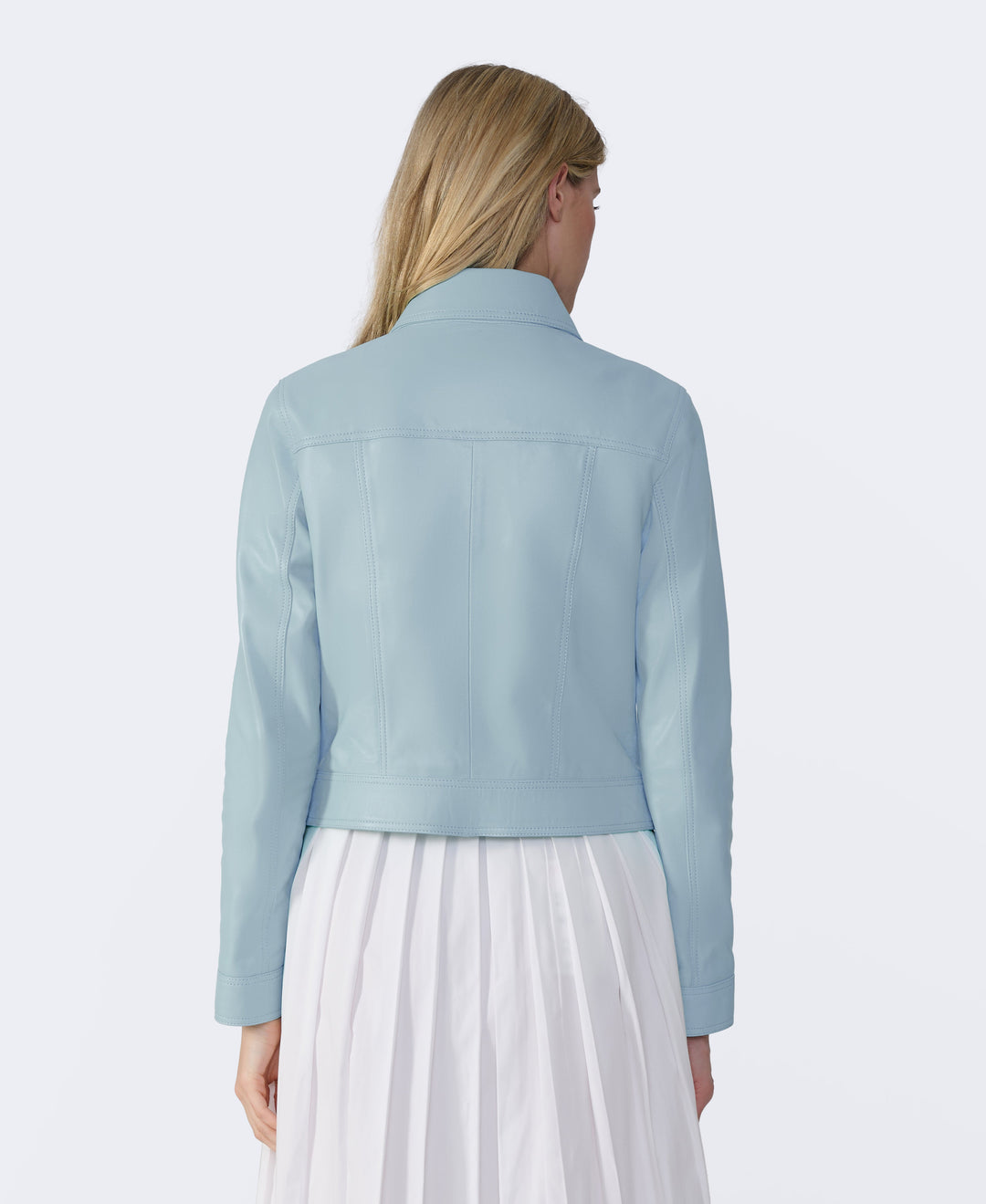 Back view light blue leather jacket
