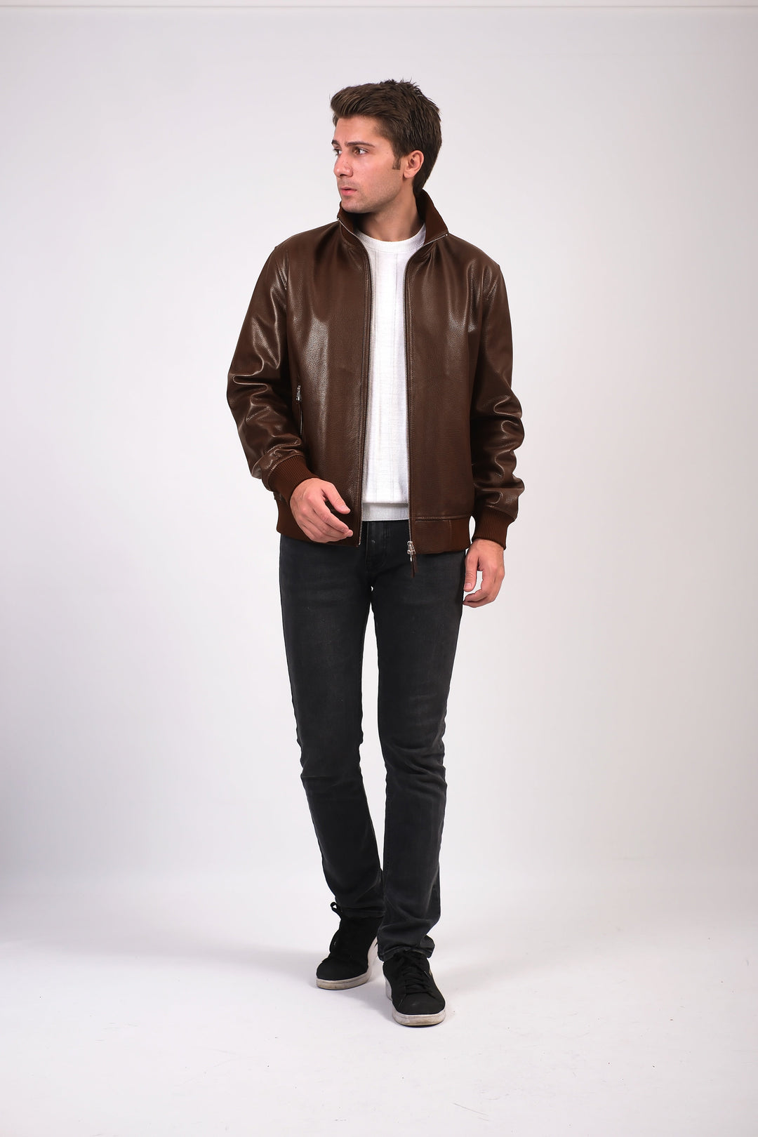 Man wearing brown leather jacket