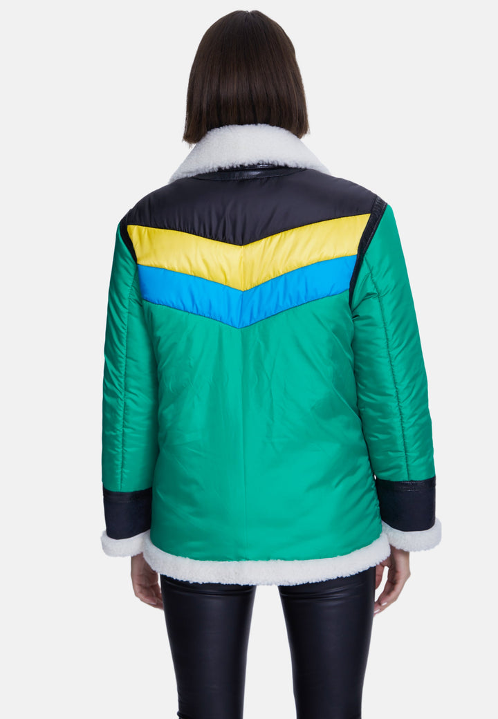 Green sheepskin coat with chevron panels
