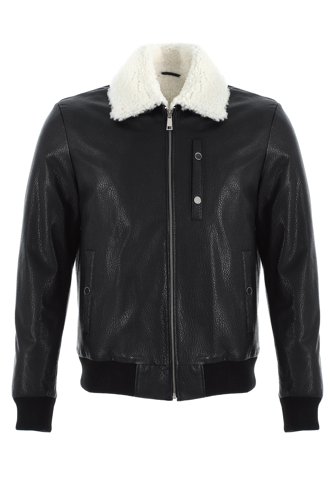 Black leather jacket with shearling collar